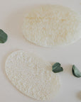 Two oval natural loofah sponges with textured fibrous surfaces, arranged on a light cream background with scattered green eucalyptus leaves.