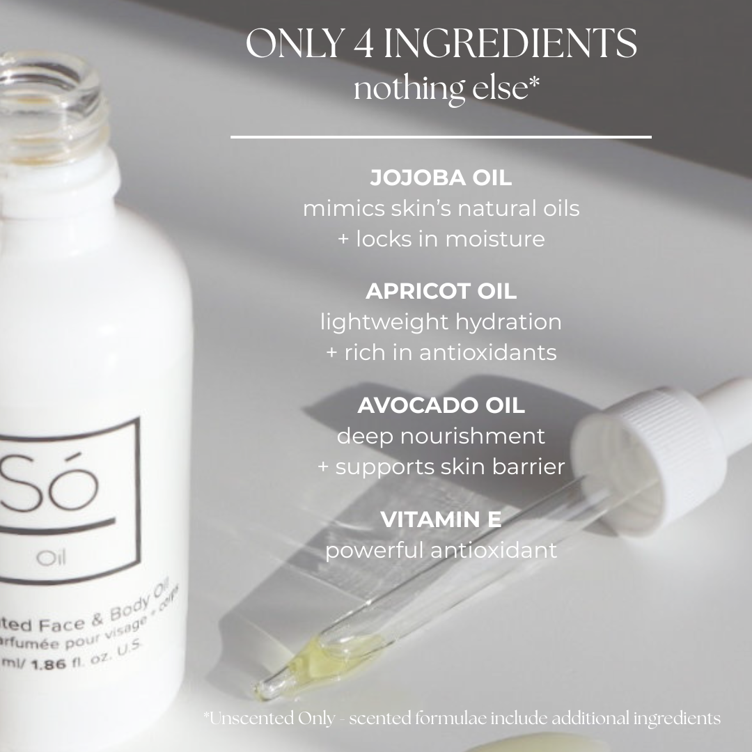 A white bottle of Só Oil body and face oil next to a clear dropper containing pale yellow oil, with text overlays detailing the product's ingredients: jojoba oil, apricot oil, avocado oil, and vitamin E.