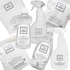 A set of Só Clean laundry and bathroom cleaning products on a white background, including clear bottles of Citrus Rinse Aid and Tangerine Dish Soap, white bottles of Lavender All Purpose Cleaner and Stain Remover and Prewash and white bags of powdered laundry soda, citrus dish capsules and oxygen whitening powder.