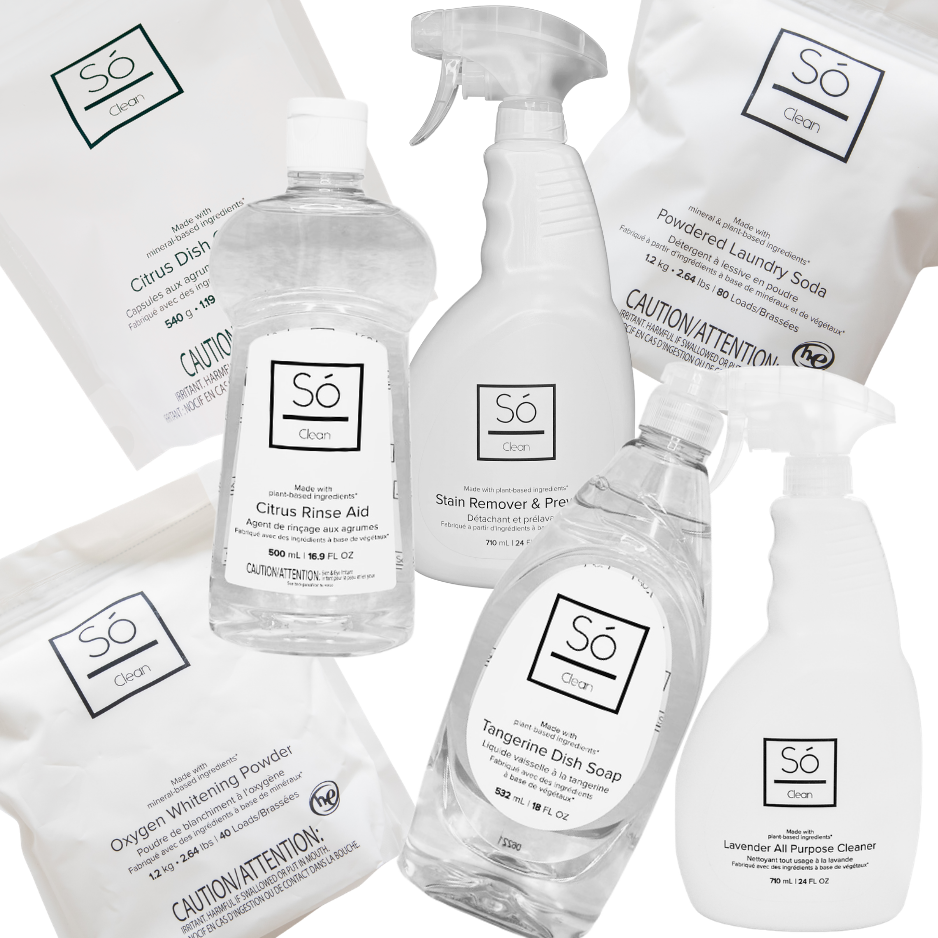 A set of Só Clean laundry and bathroom cleaning products on a white background, including clear bottles of Citrus Rinse Aid and Tangerine Dish Soap, white bottles of Lavender All Purpose Cleaner and Stain Remover and Prewash and white bags of powdered laundry soda, citrus dish capsules and oxygen whitening powder.