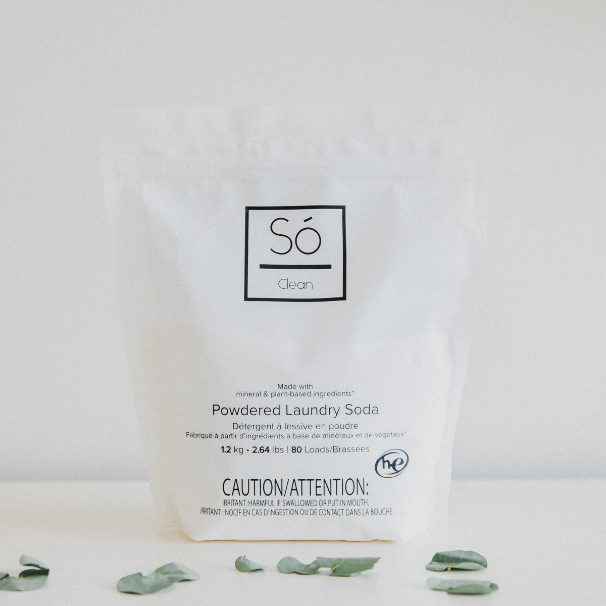 A white package labeled 'Só Clean' for powdered laundry soda with some green leaves beside it.